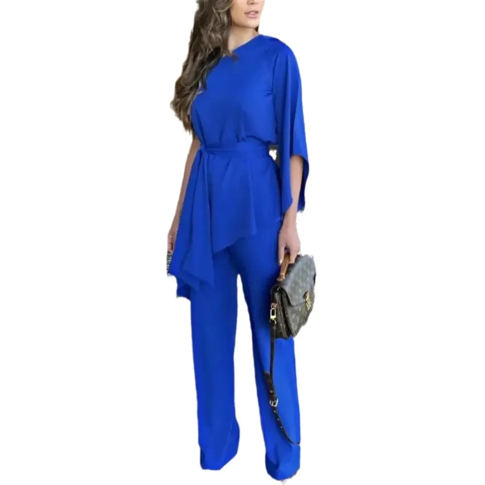 Blue Top & Wide Leg Pants Set Elegant Women Vest Wide Leg Pant Sets Two Piece Suit Spring Summer High Waist Trousers Suit