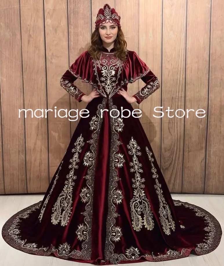 Burgundy Velvet Morocco Caftan Wedding Dresses Luxury Applique Long Sleeve Customsized Henan kanagjegj Kosovo Bridal Gown