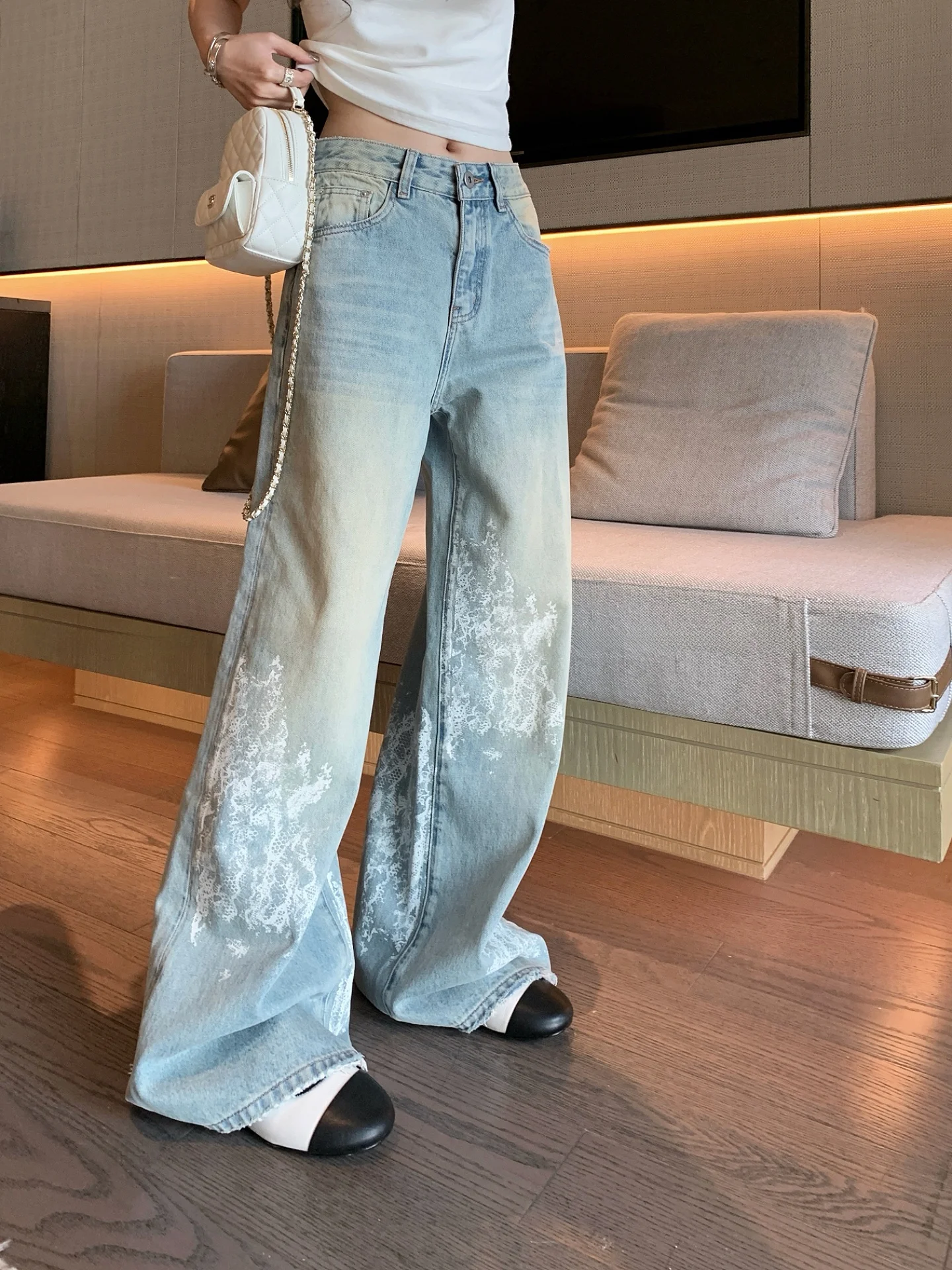 

Waed Vintage Lace Print Wide Leg Jeans Women's Design Sensation Spring Summer New Sle Loose Fit l Waist Zipper Closure