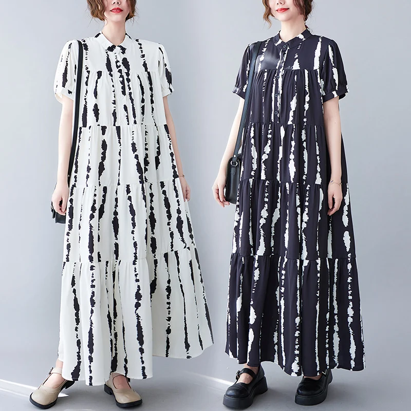 

plus Size Summer Faion Dr Ele Loose Print ort Sve Long Skirt Women's Clothing Comfortable Breathable Casual Dr