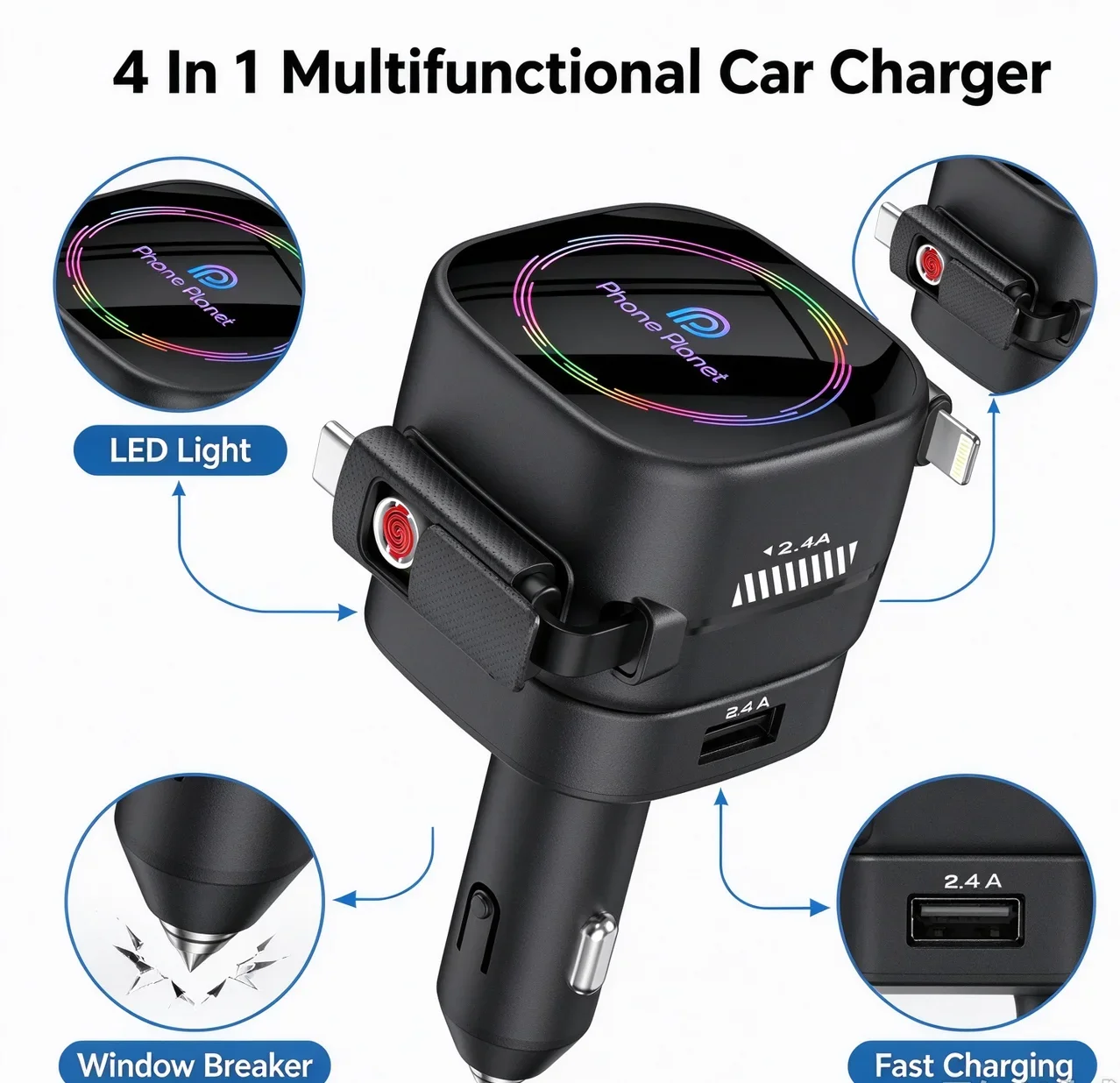 4 In 1 Car Window Breaker Car Charger Colorful Light Cigarette Lighter Adapter,360 Degree Rotation Multifunctional Phone Charger