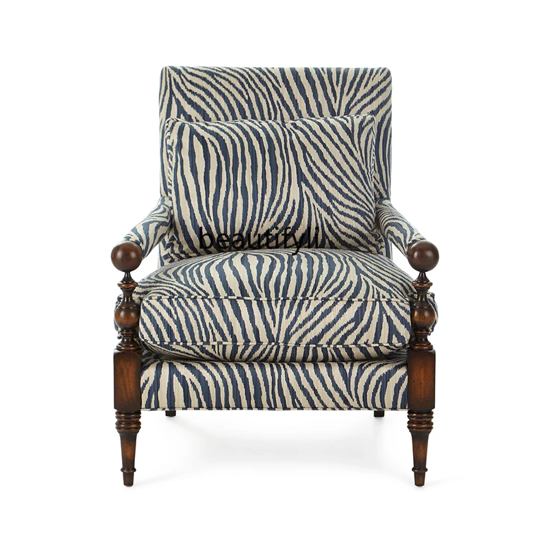 American-Style Solid Wood Fabric Armchair Zebra Pattern Cloth Leisure Chair Living Room Single Sofa