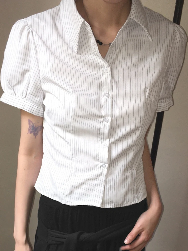 Retro japanisches Sle-gestreiftes Splice-Taillendesign Bubble Sve ort Sve irt für junge Mädchen Pendeln Sle Slim Fit Poly...