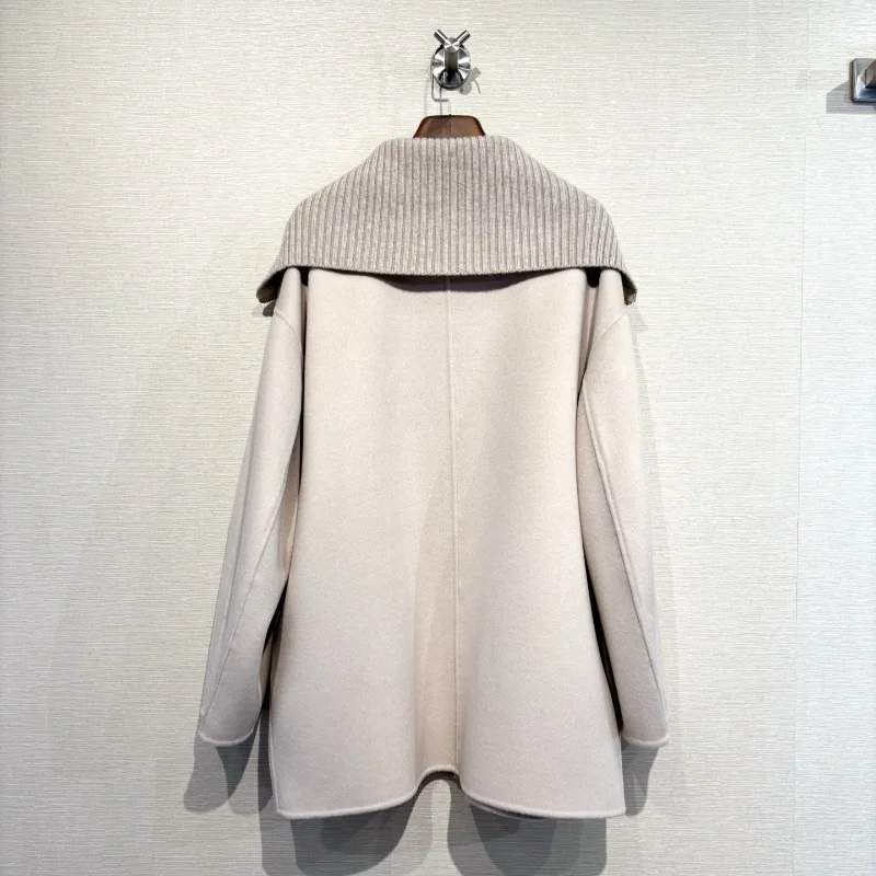 New Women Autumn Winter Double-Faced Cashmere Coat Turn-Down Collar Zip Up Jacket Oversized  Wool Blend Outerwear with Pockets