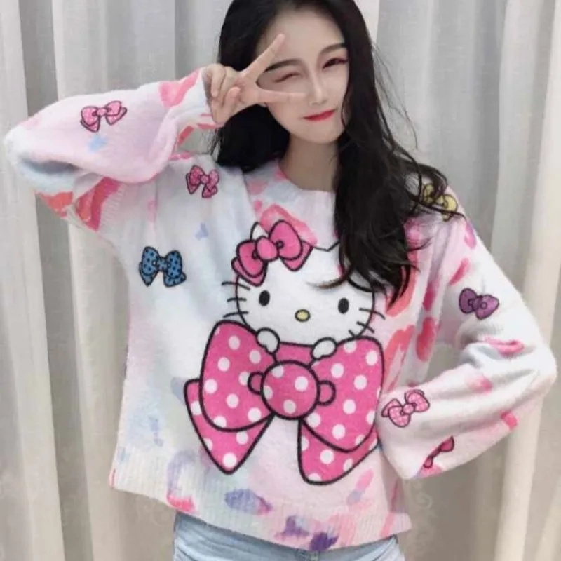 

Весенне-осенний новый женский свитер Y2k, милый мультяшный свитер «Hello Kitty», свободный джемпер с круглым вырезом, милый красивый пуловер, вязаный свитер