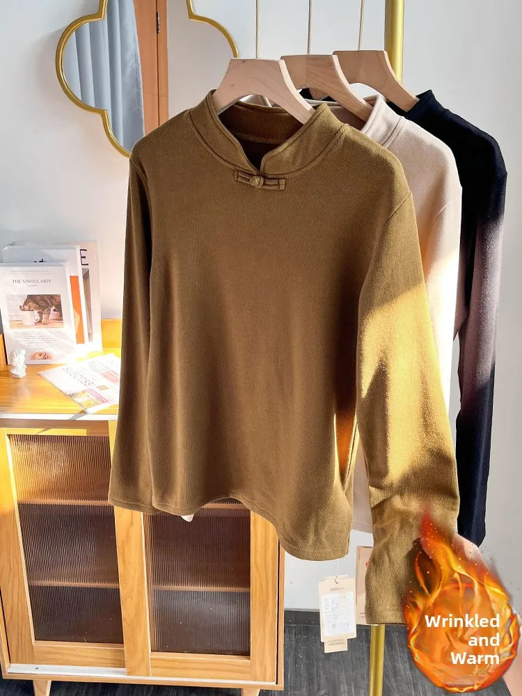 

Retro Chinese Sle Long Sve T-irt Women's Winter Warm Inner Wear Velvet Base irt Stand Collar Regular Fit Pure Color