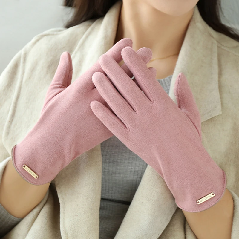 Women Gloves Fashion Mittens Autumn Winter Warm Thin Cashmere Solid Cycling Drive Suede Fabric Elegant Windproof Gloves 2025 NEW