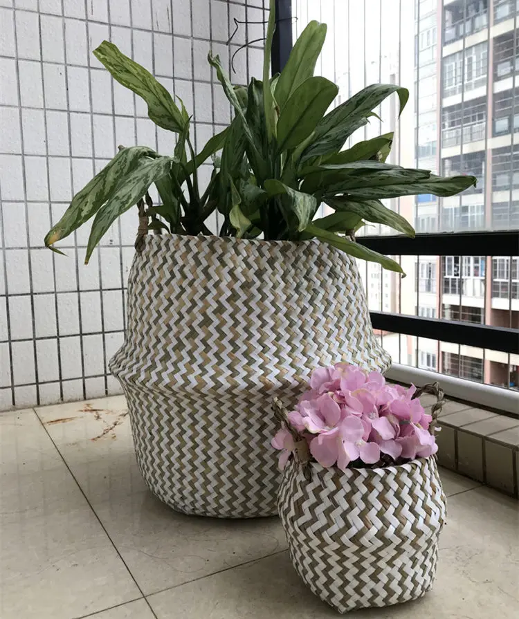 Foldable Handmade Seagrass Flower Pot Storage Wicker Basket Rattan Straw Home Garden Wave Pattern Planter pots Laundry Basket