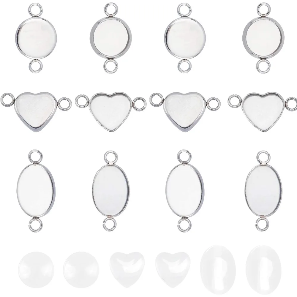 30 مجموعات البيضاوي/مسطحة مستديرة/القلب الحافة قلادة فارغة الفولاذ المقاوم للصدأ وصلات فارغة مع كبوشن كابوشون موصل إعداد قلادة