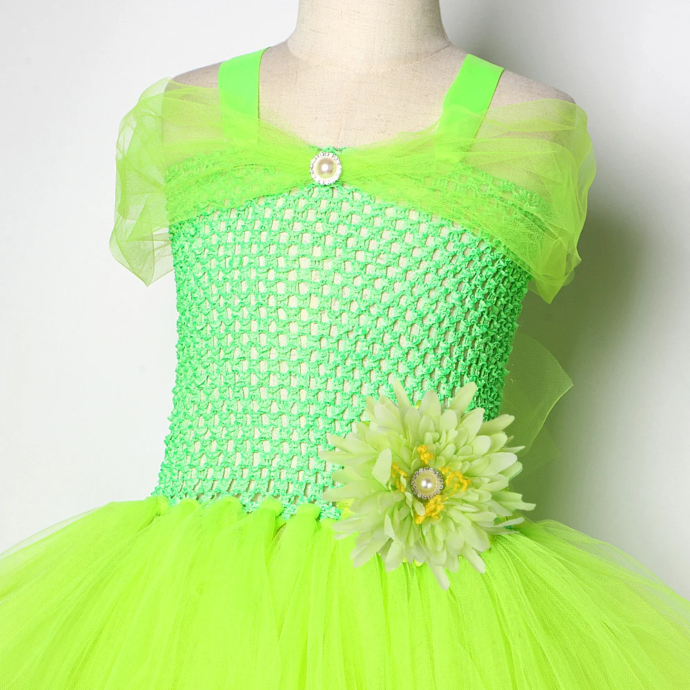 Girls Green Flower Fairy Fancy Dresses for Kids Christmas Costumes Halloween Outfit Princess Ballet Tutus with Wings Magic Wand