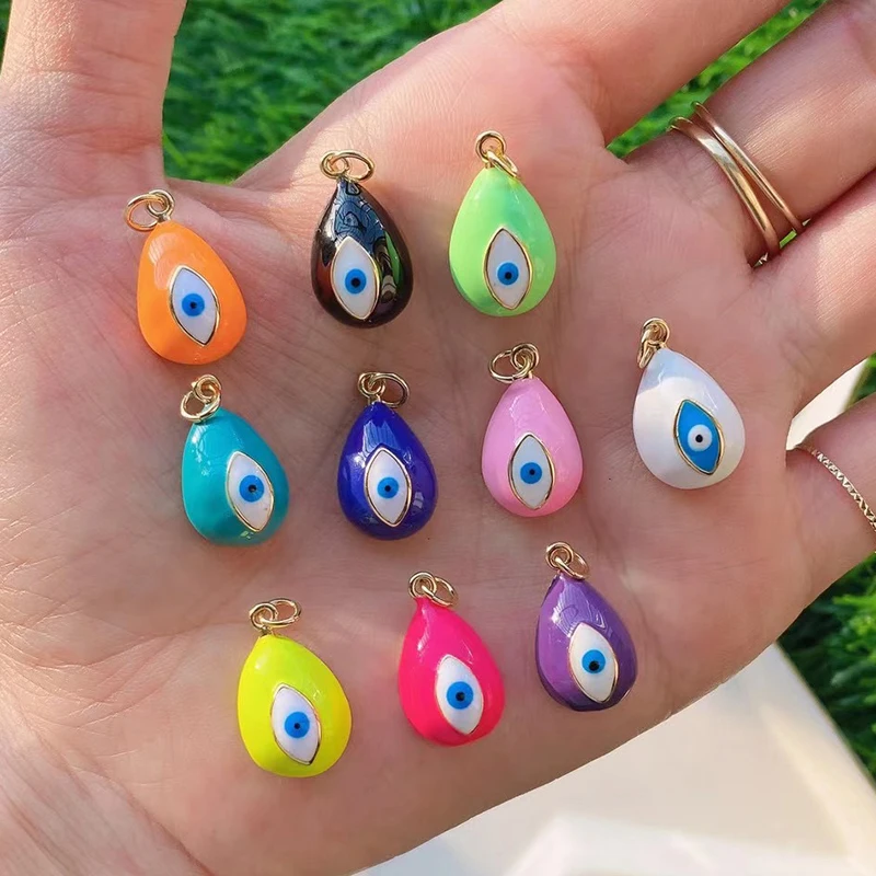 Evil Eye Tropfen-Emaille-Charm, neonrosa, orange, türkis, blaues Öl, tief ausgeschnitten, echt vergoldet, Halskette, Armband, Anhänger M09 M93 – Detail 4