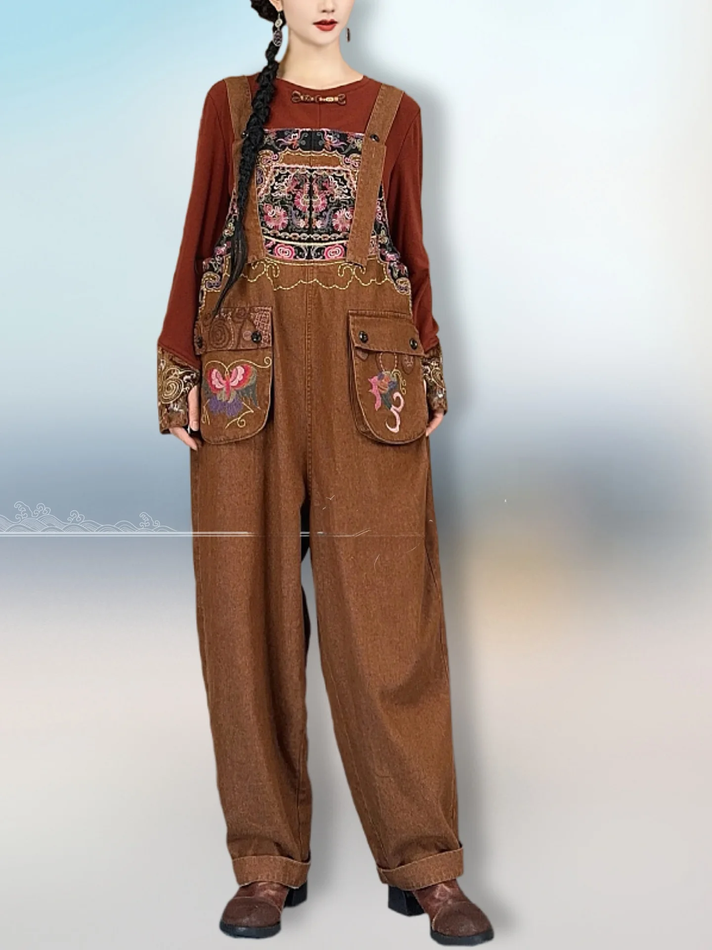 

New Chinese Sle National Retro Embroidered Overalls Women's Loose Slimming Large Size Casual Pants High Waist Straight Leg