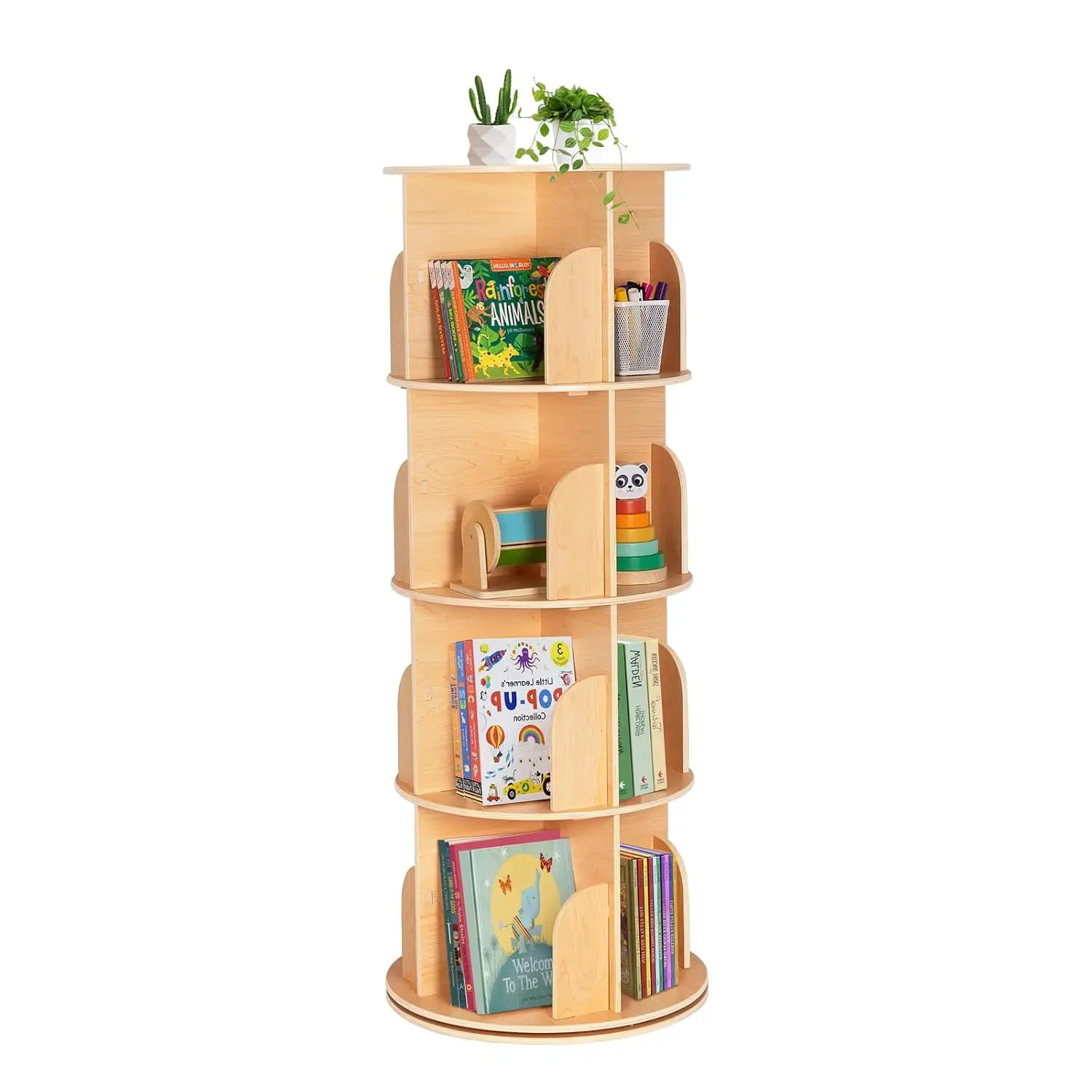 4-Tier Rotating Bookshelf Tower 360° Display Wooden Spinning Bookcase, Customized
