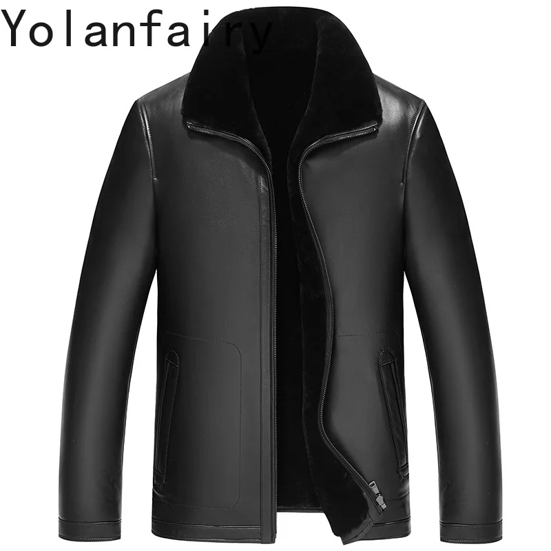 

YOLANFAIRY Real Sheepskin Genuine Leather Jacket Men Winter Warm Lamb Wool Lining Fur Coat Man Casual Black Leather Jackets 2025