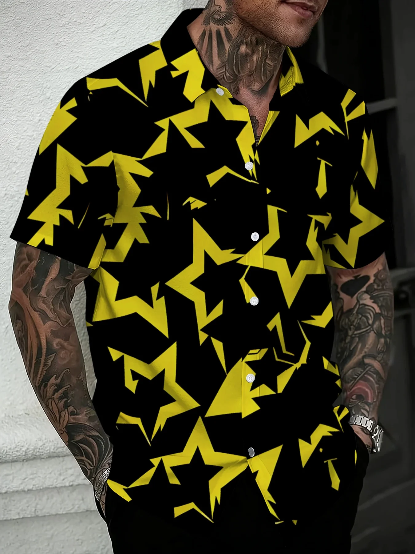Casual Edgy Yellow Star Graphic Mens Lapel Shirt Black Background Irregular Star Pattern Short Sleeve Daily Street Shirts