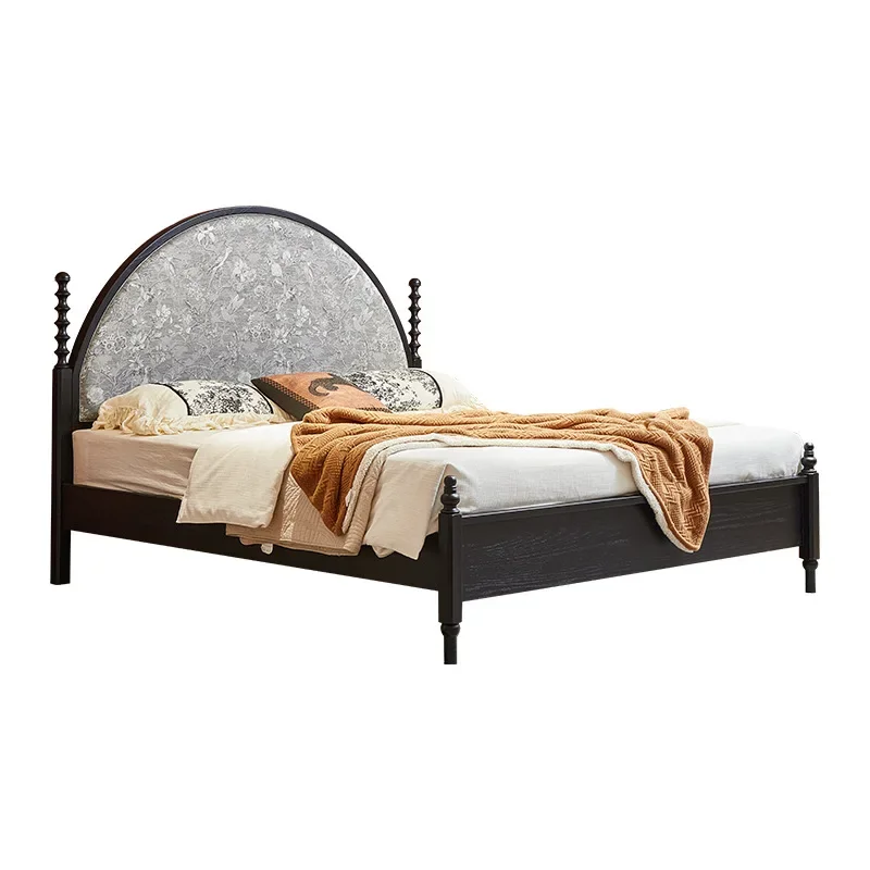 

French retro, solid wood bed black, American medium and ancient style, soft bag high backrest