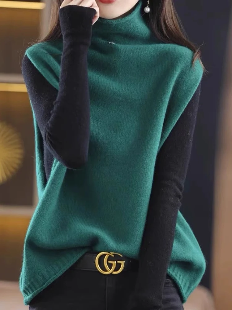 เสื้อกั๊กไหมพรมถักทรงหลวม สวมใส่สบาย อุ่นสบาย เหมาะสำหรับใส่ไปทำงาน แขนยาว คอสูง ชิ้นเดียว สำหรับฤดูใบไม้ร่วง ปี 2025  สี