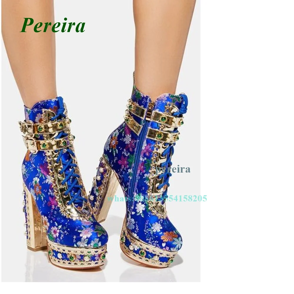 Blue Retro Pattern Women\'s Shoes 2022 New Round Toe Platform Metal Boots Chunky Heel Buckle Strap High Heels Side Zipper Sexy