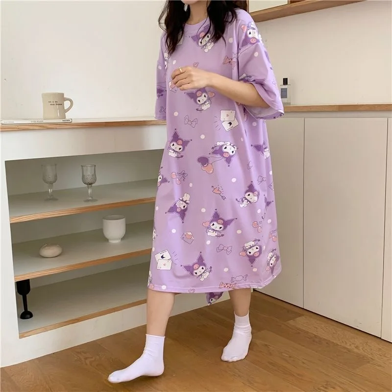 Summer New Kulomi Cartoon Pattern Girl Purple Short Sleeve Dress KID/Adult Cute Loose Casual Dress Big-Eared Dog Winnie the Pooh