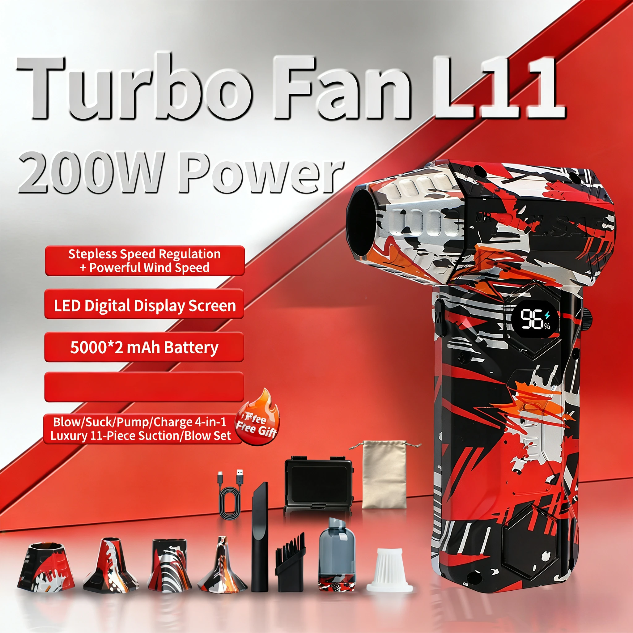 

L11 Violent Turbo Fan 300000RPM Powerful Air Blower 200W High Power Compressed air Duster for Car/PC/Home Cleaning Turbo Blower