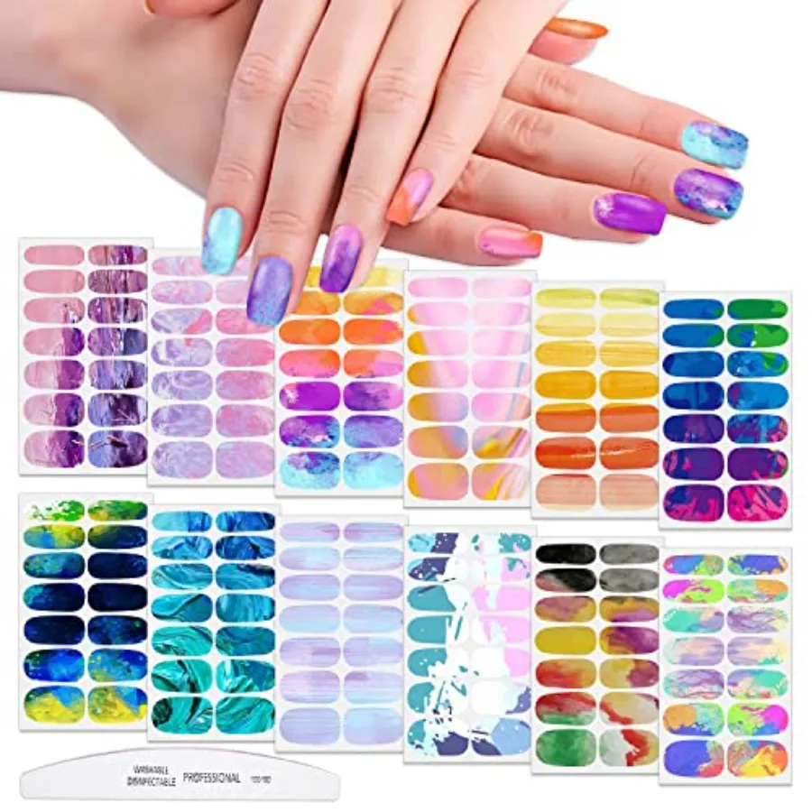 12 Hojas de Adhesivos para Uñas con Efecto Degradado, para Mujeres y Niñas, Tiras Decorativas Autoadhesivas en Múltiples Colores