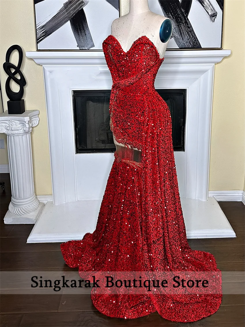 Vermelho brilhante trompete longo vestidos de baile para menina negra lantejoulas brilhantes diamantes gemas personalizado aniversário noite gala vestido