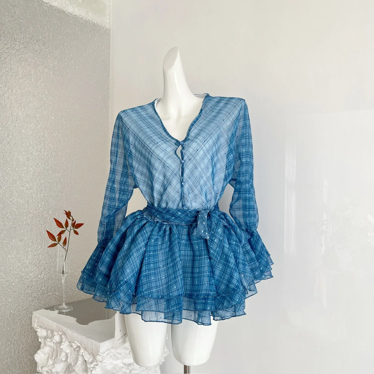 

Women's Spring Summer Streetwear Blue Plaid Mini Dress Lady Sexy See Through V Neck Long Sleeve Puffy A Line Mini Skirt