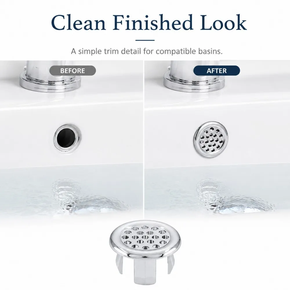 Basin Overflow Cover Insert Chrome Like ABS Body Perforated Drain Trim Snap in Clips Bathroom Sink Overflow Hole Accessory