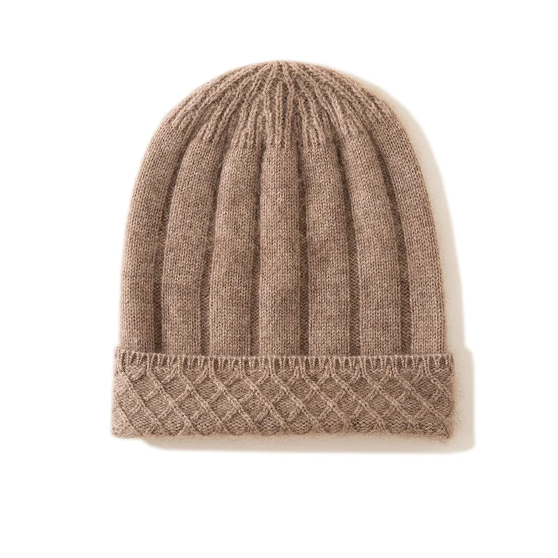 100% Pure Cashmere Beanie Hat Winter Vintage Diamond Knitted Ear Protection Unisex Thick Warm Versatile Men's Women's Cap