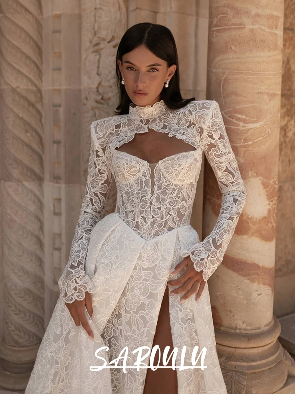 Vintage Full Lace Wedding Dress With High Slit Elegant Two Pieces Customized Bridal Gown Romantic A Line Corset Bride Wear