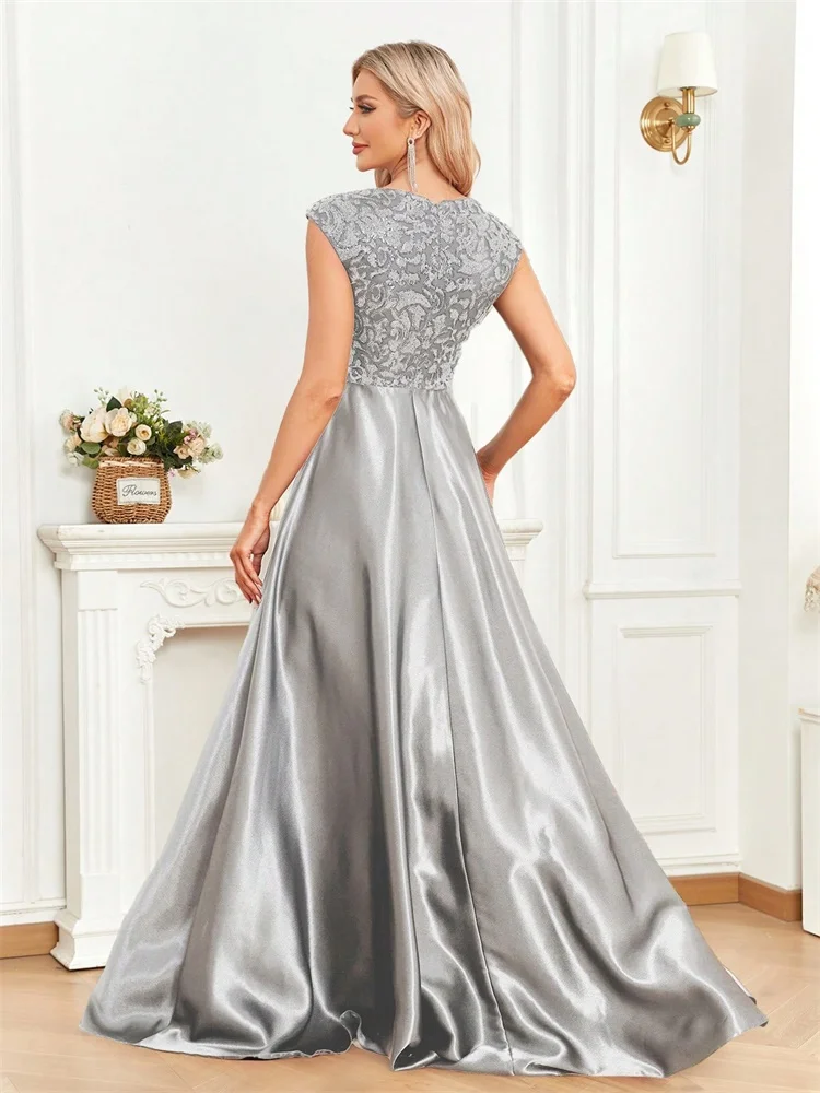 Elegant Sequins Formal Evening Dress For Women 2025 Luxury U-neck Satin Prom Floor Length Cocktail Party Graduation Gowns
