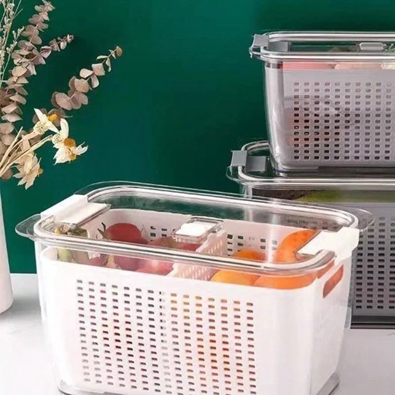 Doublelayer Refrigerator Storage Box Fruit and Vegetable Drain Basket Fresh-keeping Box with Lid storage container kitchen tools