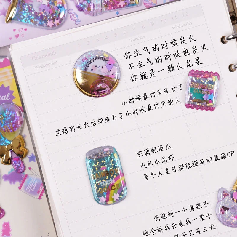 Kawaii Glittering 3D Cartoon Capsule Stickers Scrapbooking Waterproof Bubble PVC DIY Stickers Aesthetic Girls Gift