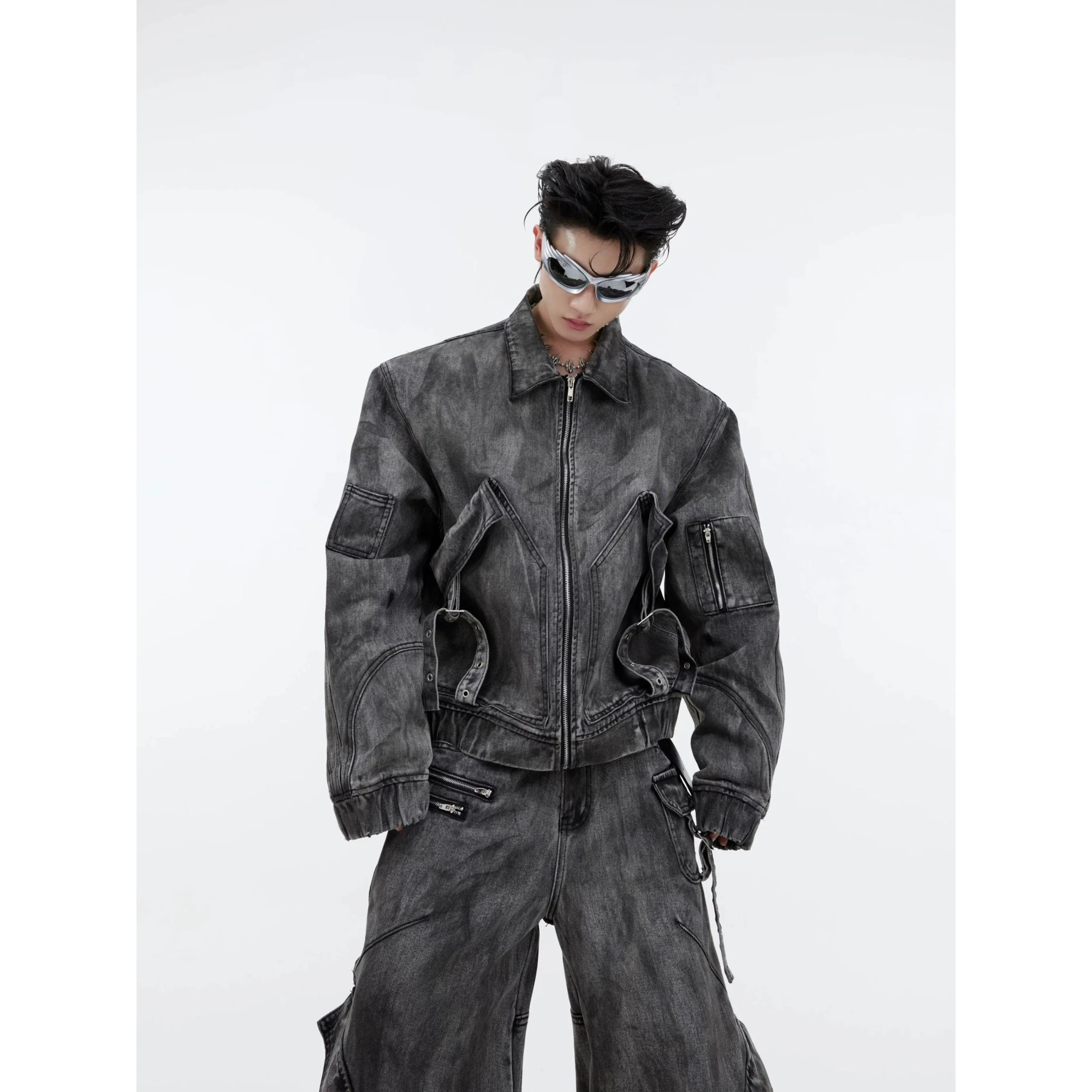 

American Sle Worn-Out Denim Jaet Men's New Street Trend ket Workwear Sle Top Set Cotton Long Sve Long Pants