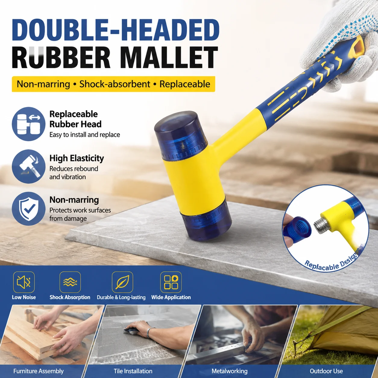 Double Headed Installation Hammer 45mm Rubber Handle Insulated Detachable for Electrical Construction Carpentry Repair Work