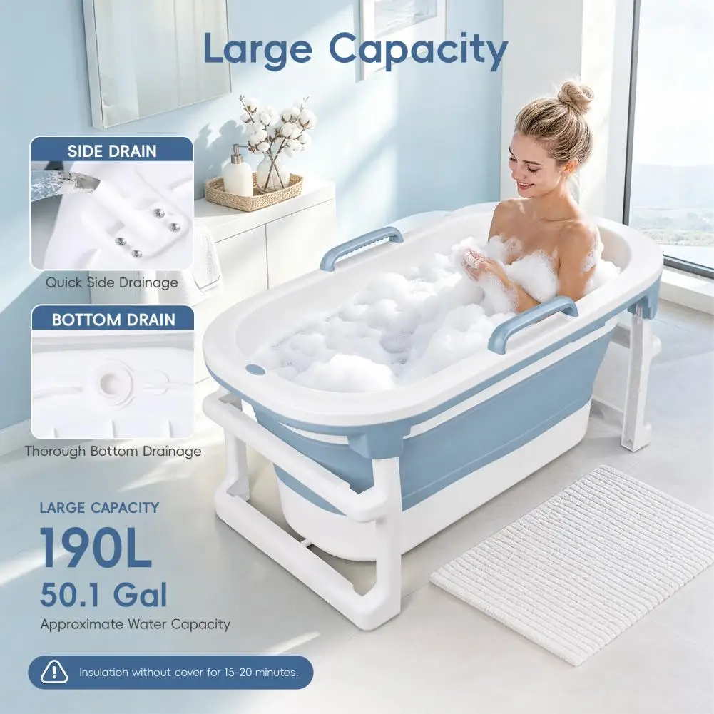 Foldable Bathtub Adults Ribbed Wall Strut Braced Non Buckle Frame Folding Hinge Instant Deploy Collapsible Soaking Tub