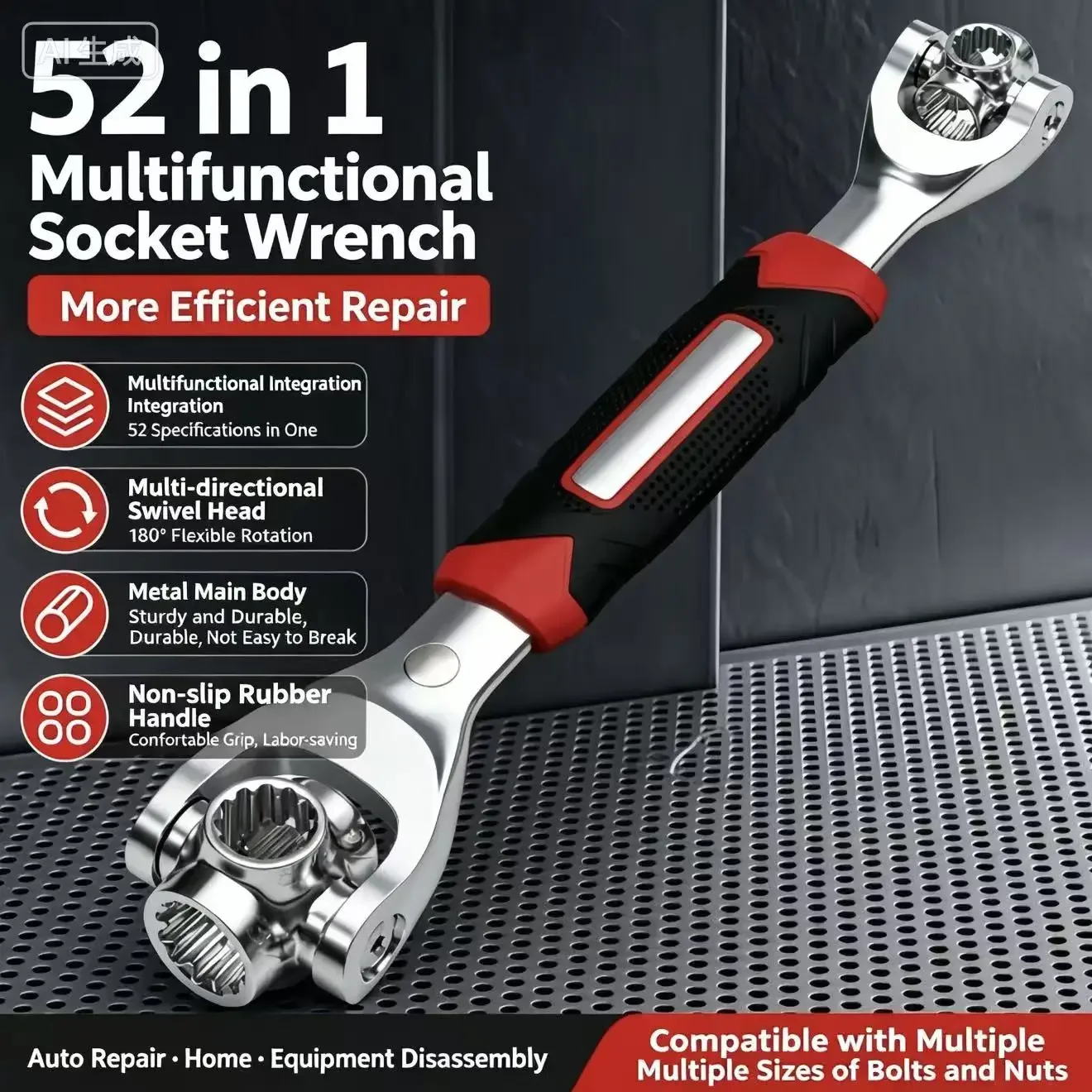 52‑in‑1 Dog Bone Socket Wrench 360 Degree Rotatable Multi‑Size Multi‑Head Spanner Carbon Steel Hand Tool for Vehicle Auto Repair