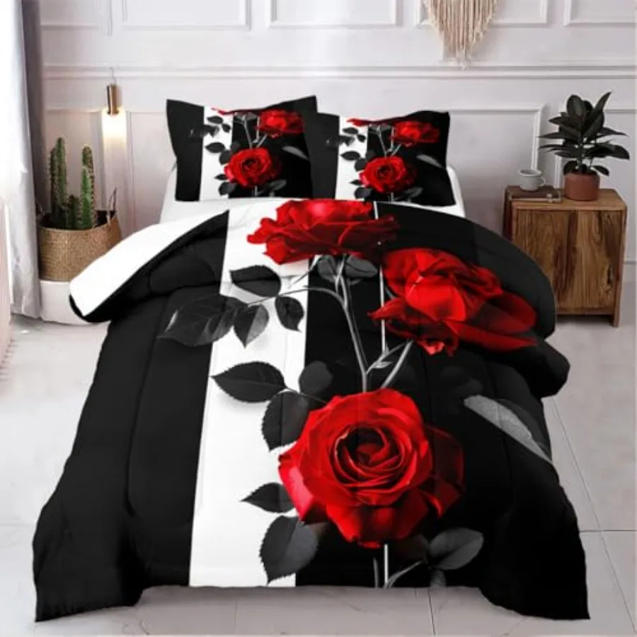 

Комплект постельного белья Rose Comforter Set King, черно-красный, с полосатым цветочным узором, для женщин, эстетичный, с 2 наволочками, ультрамягкий