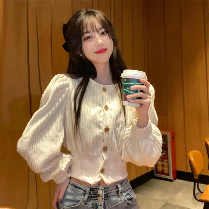 

Basic Jackets Women Slim Cropped Corduroy Daily Puff Sleeve Clothing Leisure Spring Solid All-match O-Neck Coats Single Breasted
