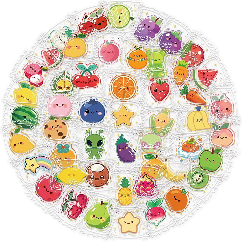 50 Stück niedliche Früchte-Aufkleber-Set, bunte VSCO-Cartoon-Frucht-Aufkleber, wasserfeste Vinyl-Aufkleber für Obst-Party-Dekorationen