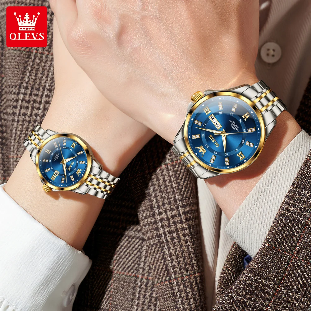 ساعات OLEVS للأزواج الفاخرة من أفضل العلامات التجارية المصنوعة من الفولاذ المقاوم للصدأ ساعة يد كوارتز أصلية لمحبي تقويم مضيء مقاوم للماء