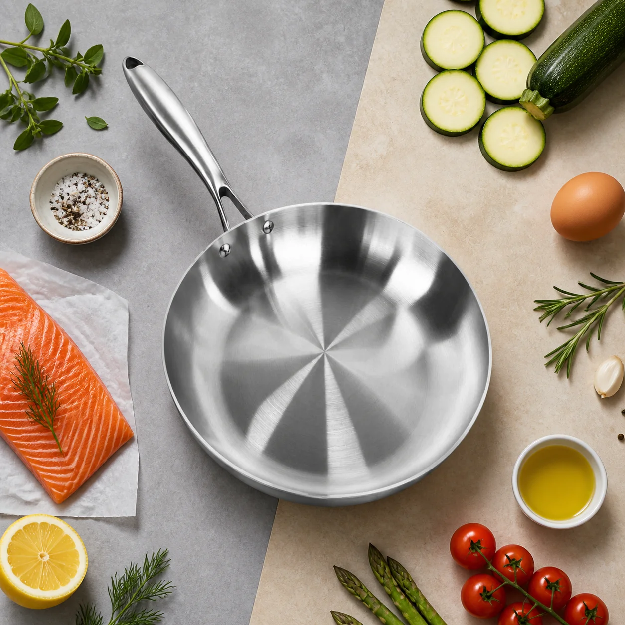 Stainless Steel Frying Pan, Star Polished Bottom Skillet with Long Handle Hanging Hole, Riveted Cookware for Home Cooking