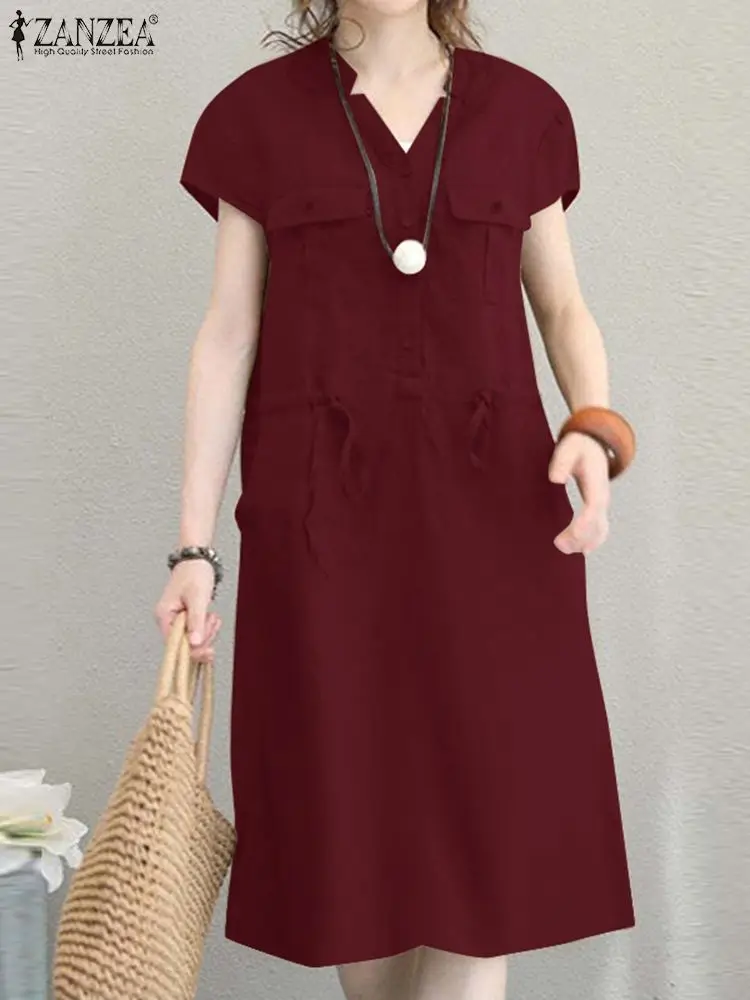 ZANZEA Summer Short Sleeve Solid Knee-length Dress Fashion Women V Neck Casual Drawstring Waist Vestidos Party Beach Sundress