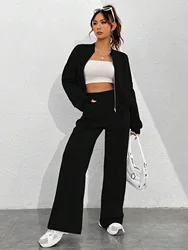 Black Bomber Jacket Pant Women 2 Pieces Set Casual Long Sleeve Zipper Coat Casual Solid Sweatshirt Trousers Suit Fall Sportwear