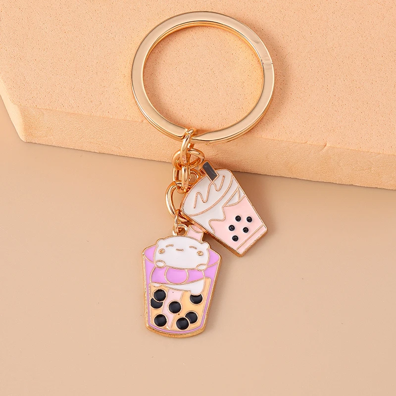 Cute Enamel Simulation Food Keychain Ice Cream Bubble Tea Key Ring Women Girls Handbag Pendants DIY Jewelry Gift