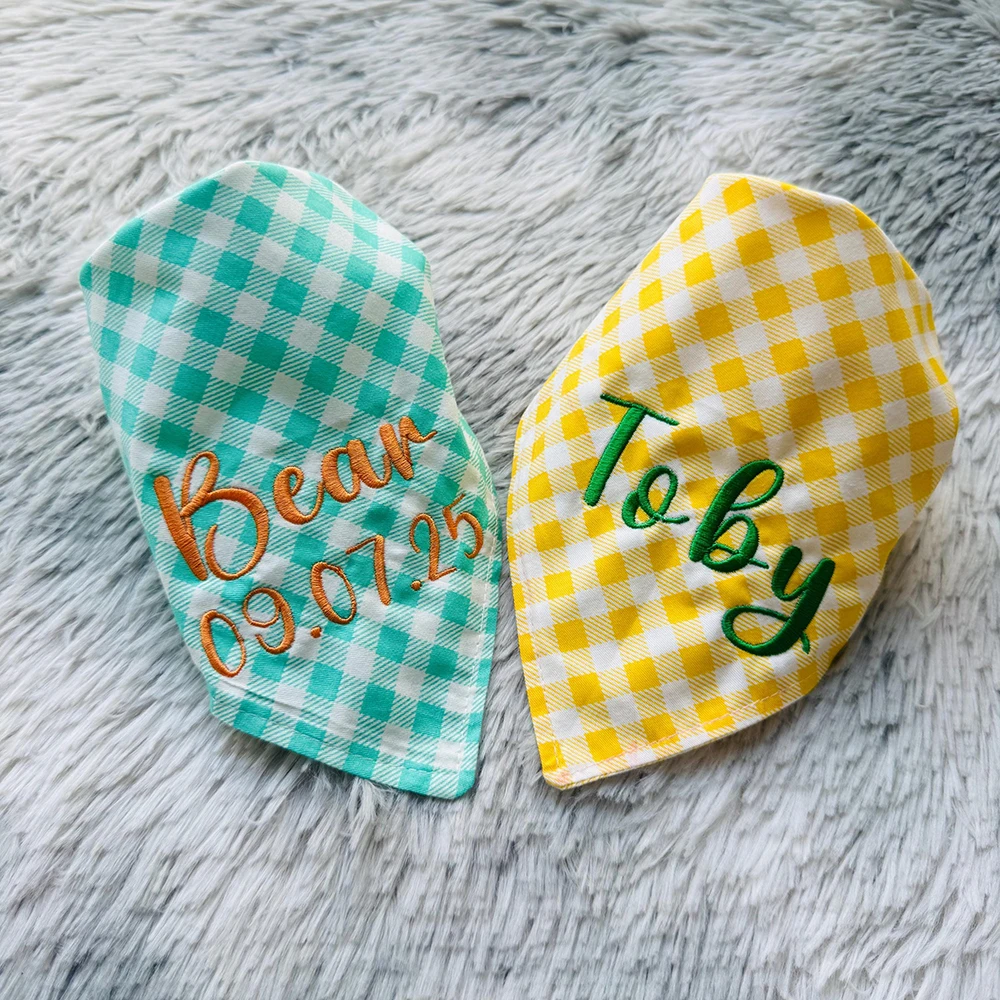 

Custom Embroidered Name Pet Scarf Bibs Plaid Triangle Bandana Personalized Pet Bandana Small Dog Cat Accessories Pet Gift