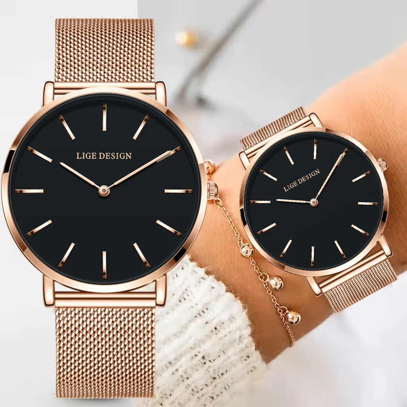

LIGE 2026 New Rose Gold Ultra Thin Mesh Round Quartz Watch For Women Simple Fashion Waterproof Ladies Watches Relogio Feminino