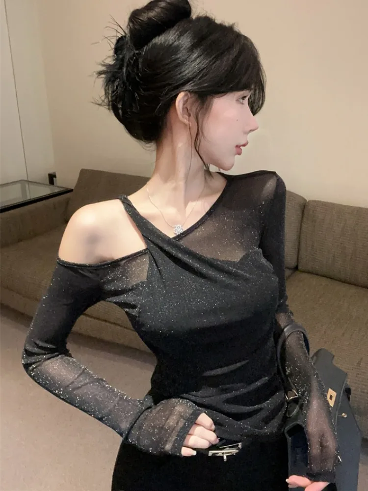 

Elegant Sexy Shoulder Bared T Shirt Women's Slim Fit Flashing Fashionable Casual Long Sleeve Pure Color Autumn Top