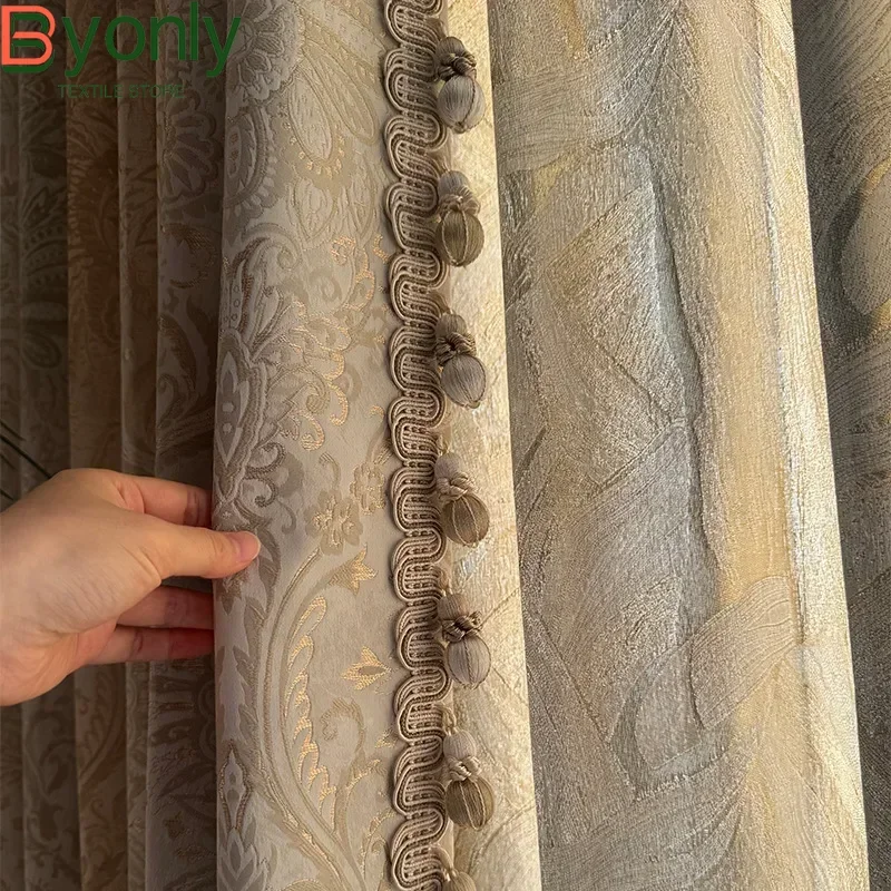 Damascus Gold Wire Jacquard Embossed Thickened Curtains for Bedroom Living Room Villa French Window Customized Finished Products