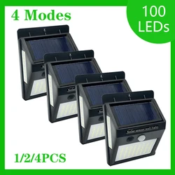 100 LED 태양광 벽 램프, PIR 모션 센서 램프, 방수 태양광 조명, 정원 장식 거리, 1-4 개